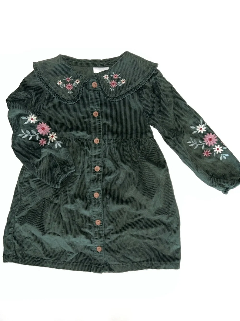 Embroidered Deep Hunter Green Corduroy Floral Detailing Dress for Girls